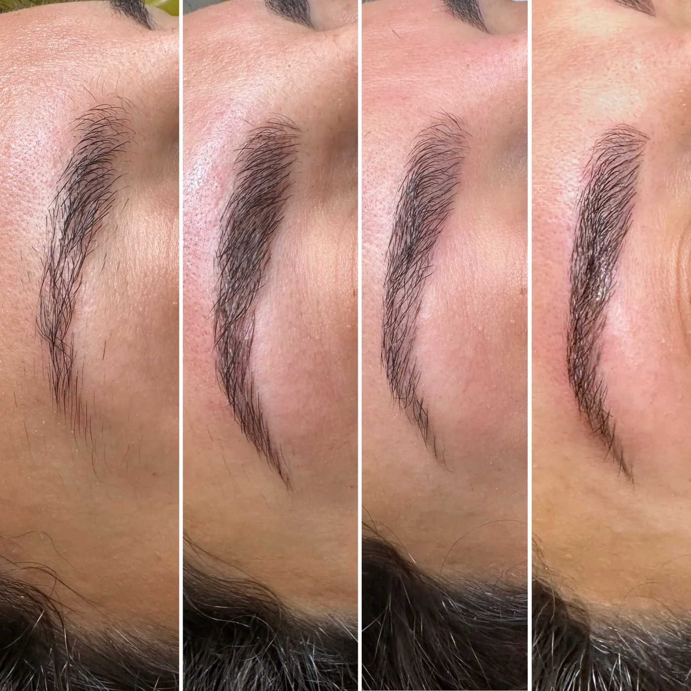 Étapes d'un microblading des sourcils : avant, juste après la création, cicatrisé après 2 mois, après la retouche – Studio Confidence Marseille