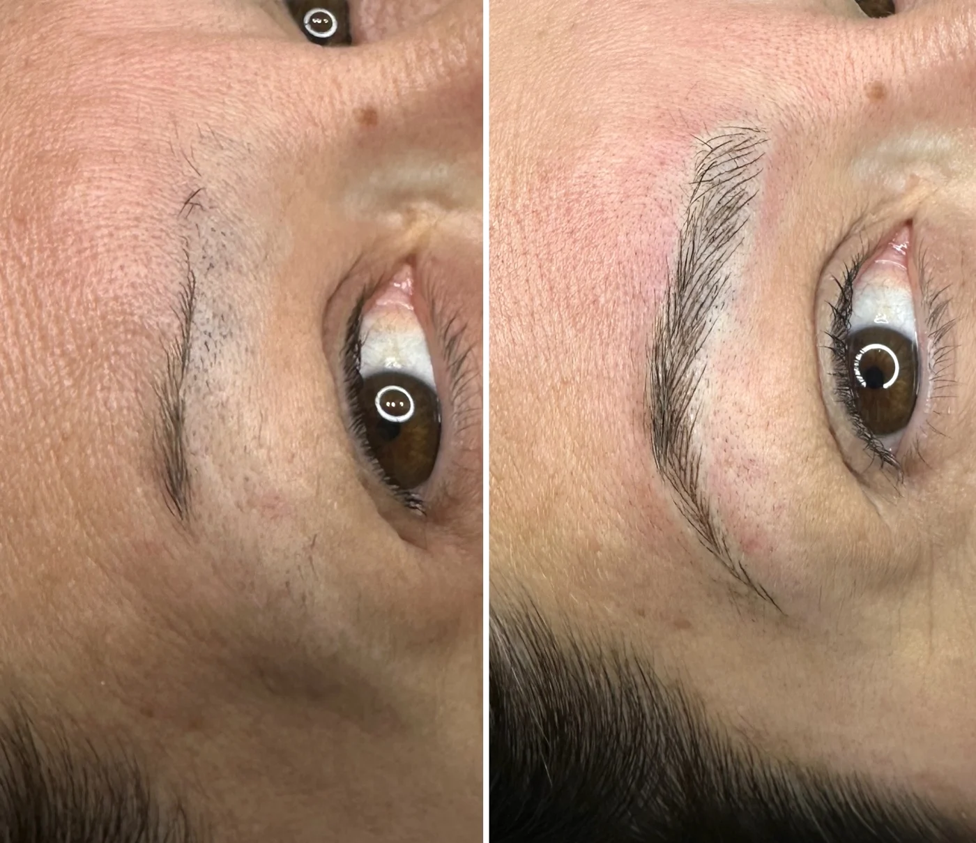 Microblading sourcils avant/après : sourcils clairsemés redessinés poil à poil – Studio Confidence Marseille